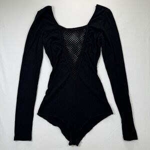 Emma & Sam Black Long Sleeve Ribbed Bodysuit XS Deep V Mesh Detail Sexy Stretchy